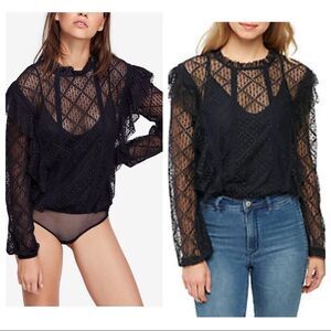 Free People Goldie Black Lace Ruffled Bodysuit XS